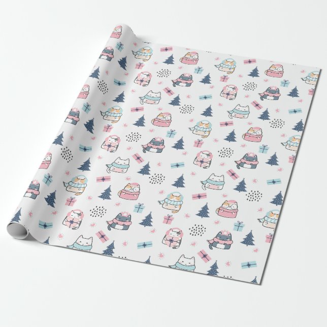Christmas Pattern Of Funny Cats, Gifts, Snow Wrapping Paper (Unrolled)