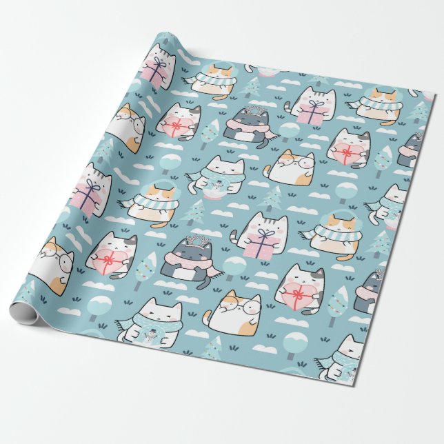 Christmas Pattern Of Funny Cats, Magic Snowballs Wrapping Paper (Unrolled)