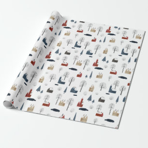 Christmas Pattern Of Houses, Trees, Pond Or Lake Wrapping Paper