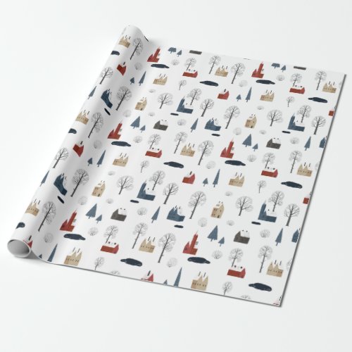 Christmas Pattern Of Houses Trees Pond Or Lake Wrapping Paper