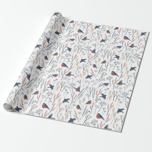 Christmas Pattern Of Red Robin Birds And Plants Wrapping Paper