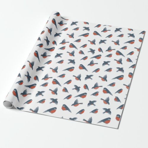 Christmas Pattern Of Red Robin Birds On White Wrapping Paper