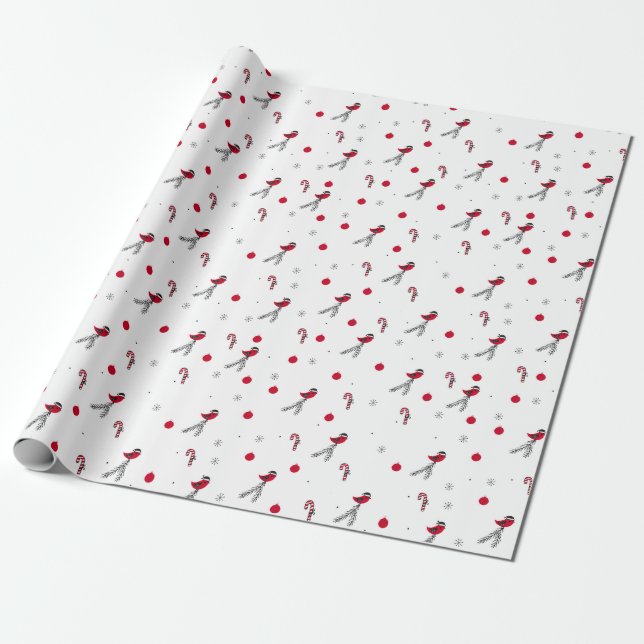 Christmas Pattern Of Robin Bird, Lollypops, Snow Wrapping Paper (Unrolled)