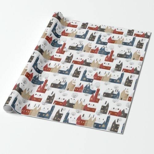Christmas Pattern Of Town Buildings In Winter Wrapping Paper
