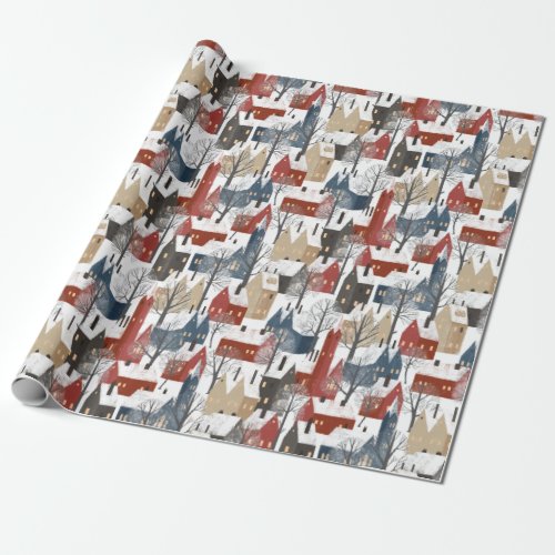 Christmas Pattern Of Town Streets In Winter Wrapping Paper