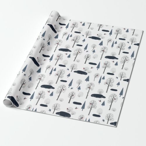 Christmas Pattern Of Trees Ponds Birds In Snow Wrapping Paper