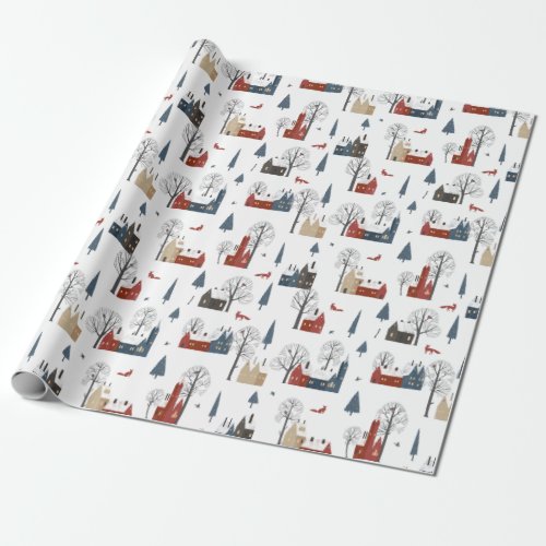 Christmas Pattern Of Village Houses And Red Fox Wrapping Paper