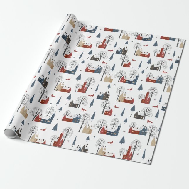 Christmas Pattern Of Village Houses And Red Fox Wrapping Paper (Unrolled)