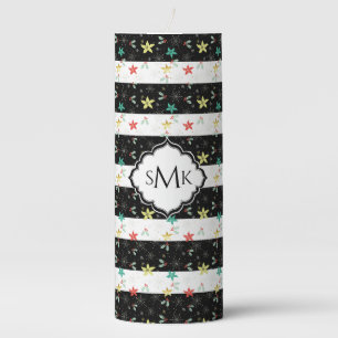 Christmas Pattern On Black & White Stripes Votive Pillar Candle