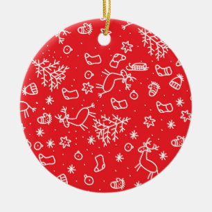 christmas, pattern on red background, doodle ceramic ornament