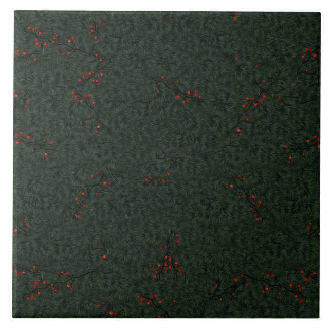 Christmas Pattern Pine Needles and Red Berries Ceramic Tile (Front)