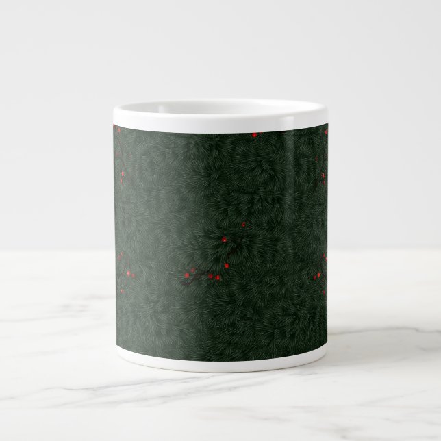 Christmas Pattern Pine Needles and Red Berries Giant Coffee Mug (Front)