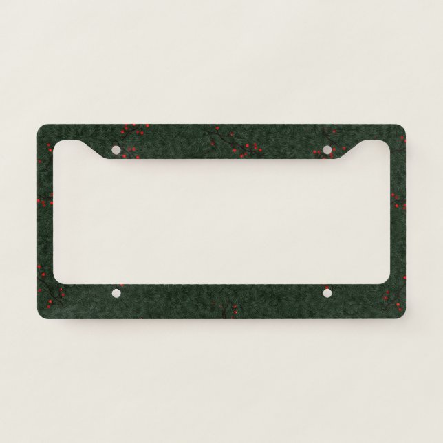 Christmas Pattern Pine Needles and Red Berries License Plate Frame (Front)