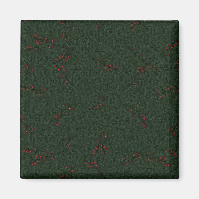 Christmas Pattern Pine Needles and Red Berries Magnet (Front)