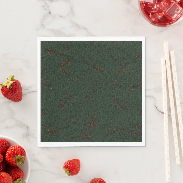 Christmas Pattern Pine Needles and Red Berries Napkins (Insitu)