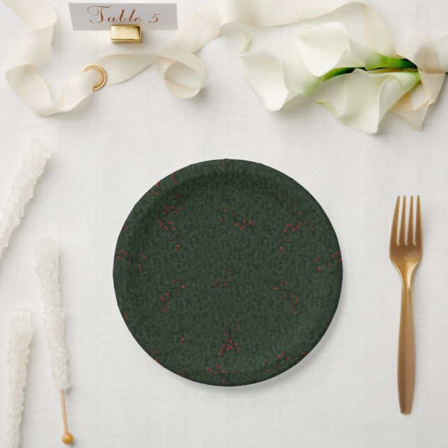 Christmas Pattern Pine Needles and Red Berries Paper Plates (Wedding)
