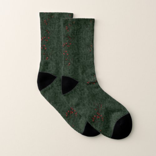 Christmas Pattern Pine Needles and Red Berries Socks