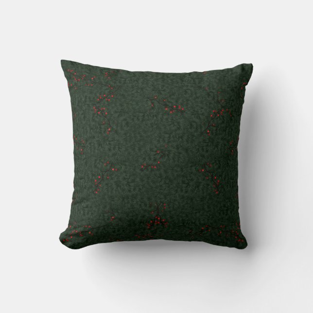 Christmas Pattern Pine Needles and Red Berries Throw Pillow (Front)