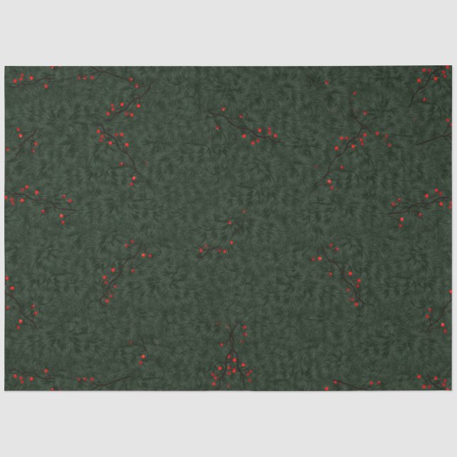 Christmas Pattern Pine Needles and Red Berries Tissue Paper (Front)