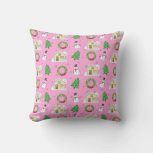 Christmas Pattern - Pink Background Throw Pillow