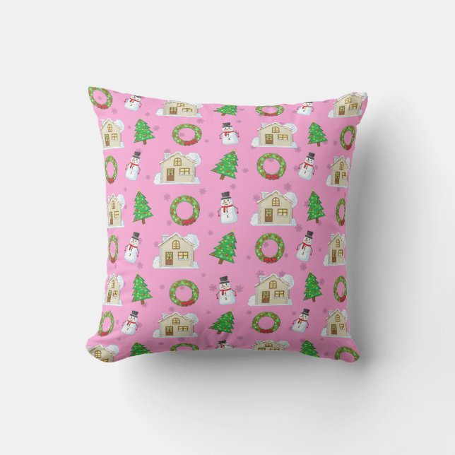 Christmas Pattern - Pink Background Throw Pillow (Front)