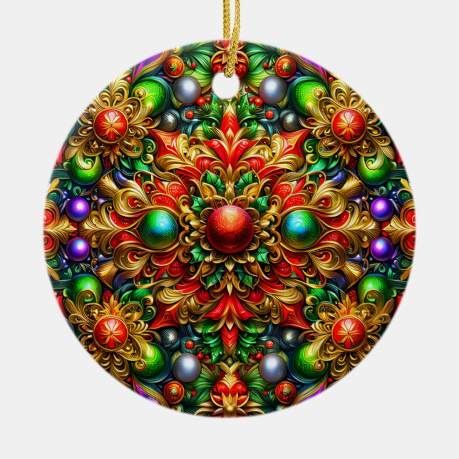 CHRISTMAS Pattern Red Purple Gold Green 3D ~ Ceramic Ornament (Front)