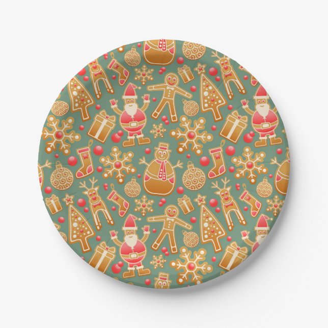 Christmas Pattern (Santa and Gingerbread) Paper Plates (Front)