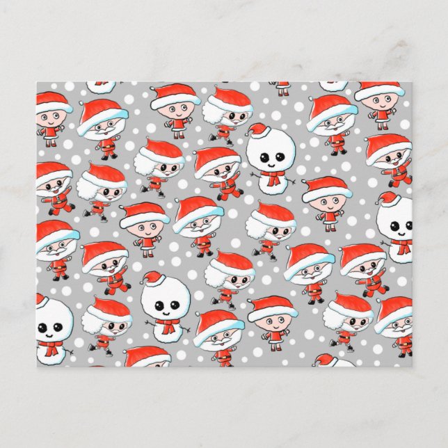 Christmas Pattern Santa and Snowman on Gray Holiday Postcard (Front)