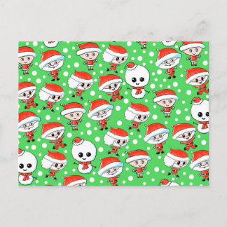 Christmas Pattern Santa and Snowman on Green. Holiday Postcard