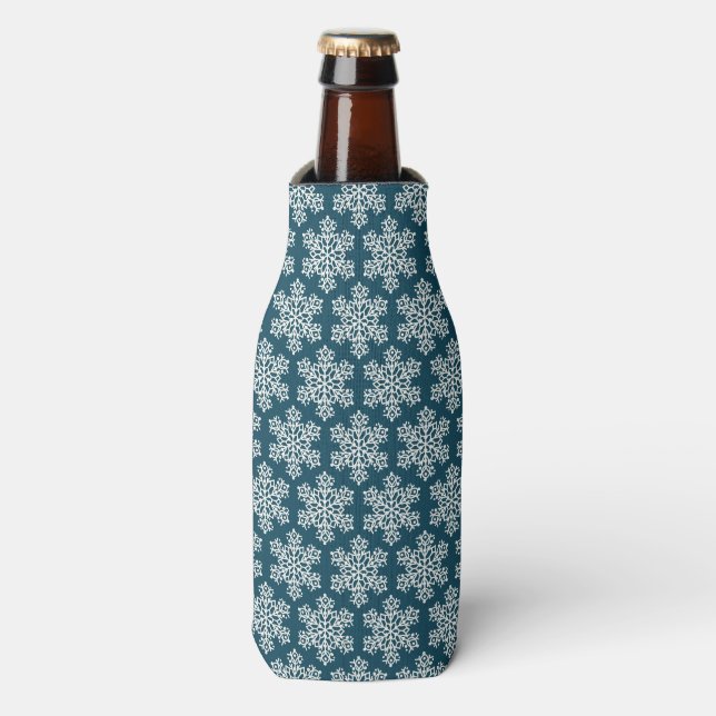 Christmas Pattern snowflakes white blue Bottle Cooler (Bottle Front)