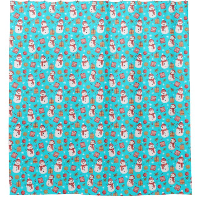 Christmas Pattern Snowman Holly Leaves And Present Shower Curtain (Front)