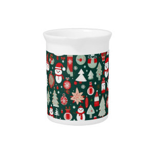Christmas pattern snowman santa trees green decor beverage pitcher