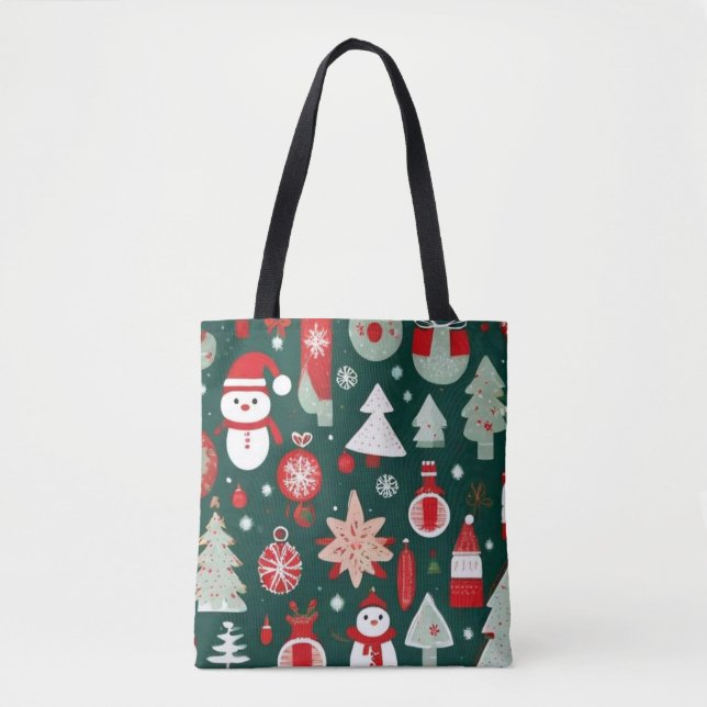 Christmas pattern snowman santa trees green decor tote bag (Front)