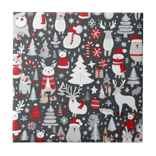 Christmas pattern snowman santa trees grey decor ceramic tile (Front)