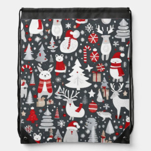Christmas pattern snowman santa trees grey decor drawstring bag