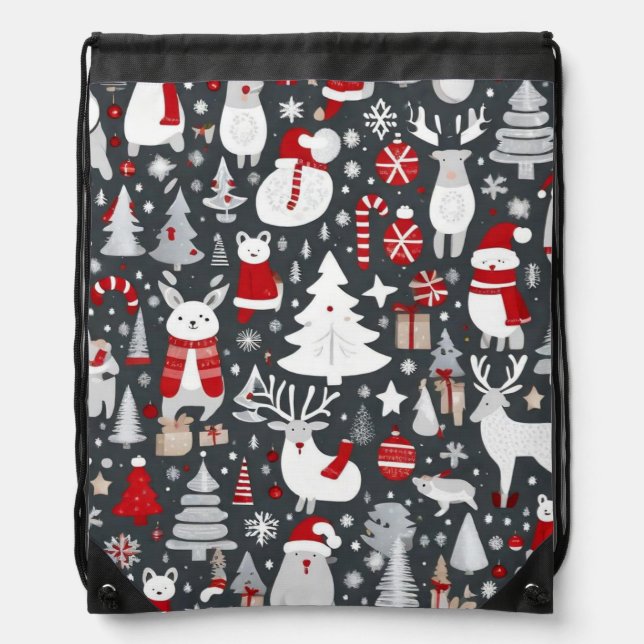Christmas pattern snowman santa trees grey decor drawstring bag (Front)