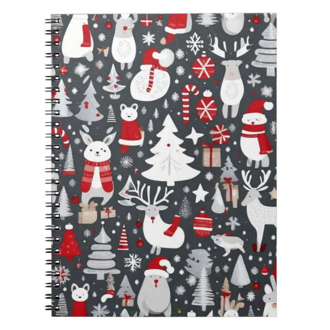Christmas pattern snowman santa trees grey decor notebook (Front)