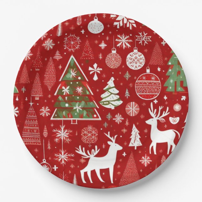 Christmas pattern snowman santa trees grey decor paper plates (Front)