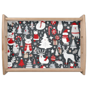 Christmas pattern snowman santa trees grey decor serving tray