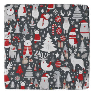 Christmas pattern snowman santa trees grey decor trivet