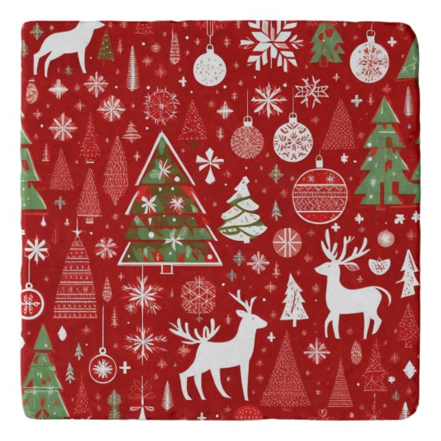 Christmas pattern snowman santa trees grey decor trivet (Front)