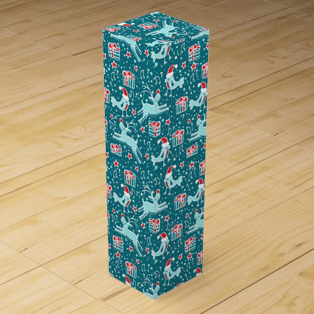 Christmas pattern teal bird & reindeer wine box (Front)