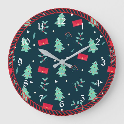 Christmas pattern trees and holly large clock