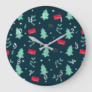 Christmas pattern, trees and holly, large clock