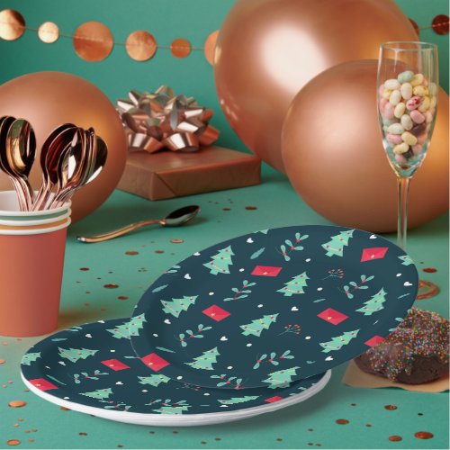 Christmas pattern trees and holly paper plates