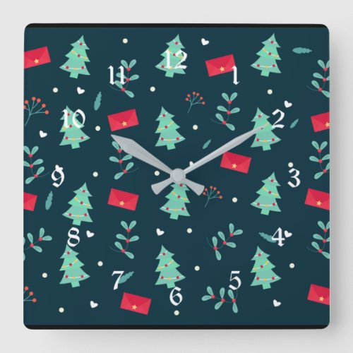 Christmas pattern trees and holly square wall clock