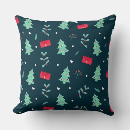 Christmas pattern trees and holly throw pillow