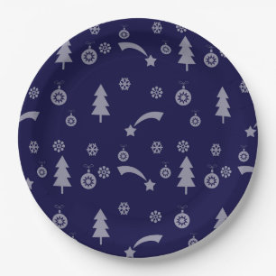 Christmas pattern, trees, stars and ornaments paper plates