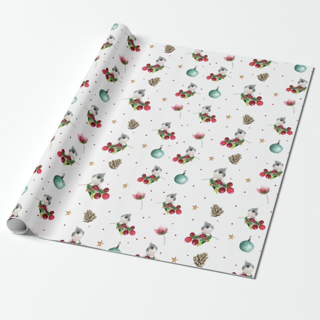 Christmas Pattern Winter Bird Watercolor Wrapping Paper (Unrolled)