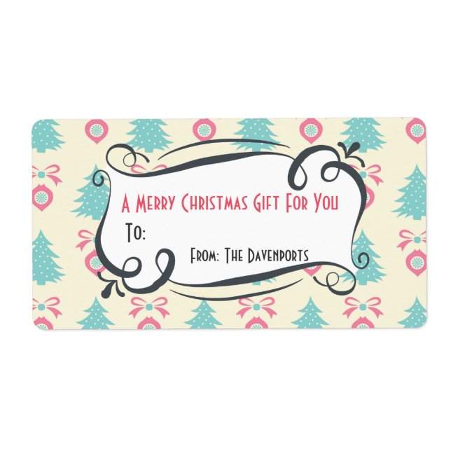 Christmas Pattern With Bows and Baubles Gift Label (Front)